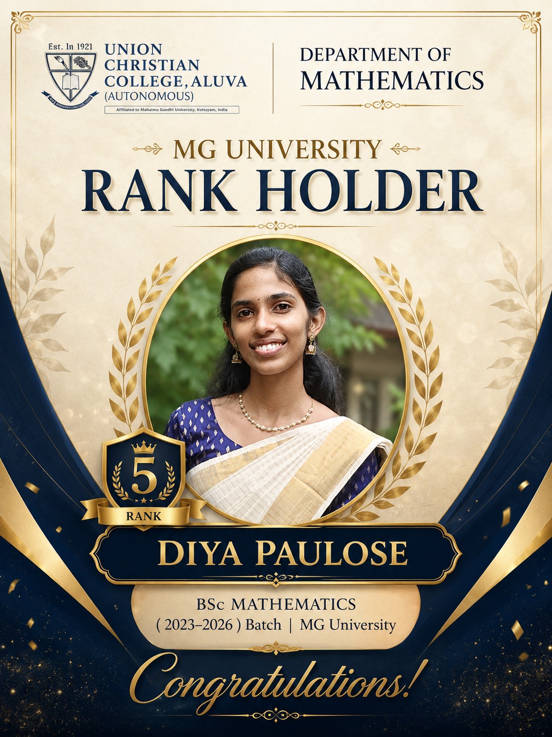 Congratulations to the UG Rank Holder